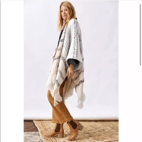 Anthropologie Striped Fringe Cardigan Poncho One Size - Picture 4 of 13